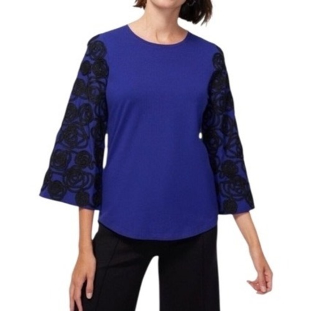 Chico's Florentia Plum Blue Black Soutache Embroidered Flare Sleeve Top Size S